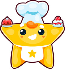 Cute kawaii chef star character with pastry cakes, cartoon vector emoji emoticon. Funny comic kawaii star with happy smile on face in chef hat and apron with bakery muffins and cupcakes for kid emoji