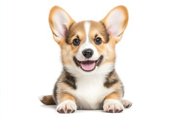 Obraz premium happy Puppy Welsh Corgi 14 Weeks old, dog winking, panting and sitting isolated , ai