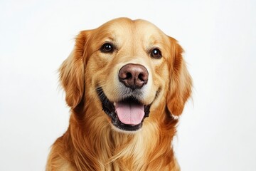 Happy sitting and panting Golden retriever dog looking at camera, Isolated on white , ai