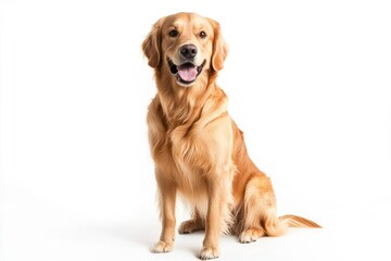 Fototapeta premium Happy sitting and panting Golden retriever dog looking at camera, Isolated on white , ai