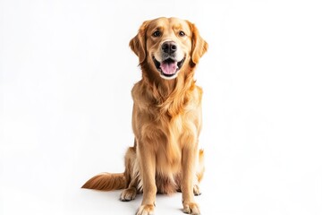 Fototapeta premium Happy sitting and panting Golden retriever dog looking at camera, Isolated on white , ai