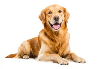 Happy sitting and panting Golden retriever dog looking at camera, Isolated on white , ai