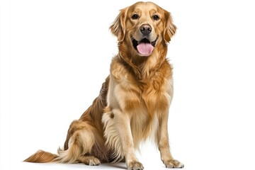 Happy sitting and panting Golden retriever dog looking at camera, Isolated on white , ai