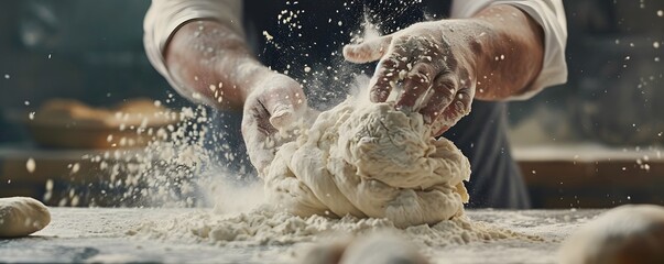 Baker's Hands Kneading Dough With Flour Dust Flying