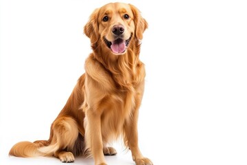 Obraz premium Happy sitting and panting Golden retriever dog looking at camera, Isolated on white , ai