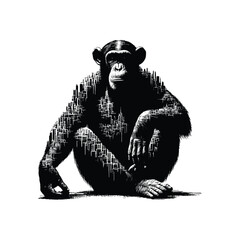 Fototapeta premium silhouette of Chimpanzee, filled with cityline in rough drawing,