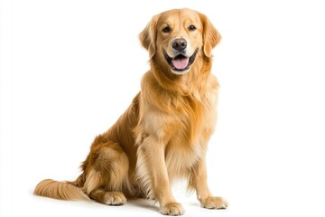 Fototapeta premium Happy sitting and panting Golden retriever dog looking at camera, Isolated on white , ai