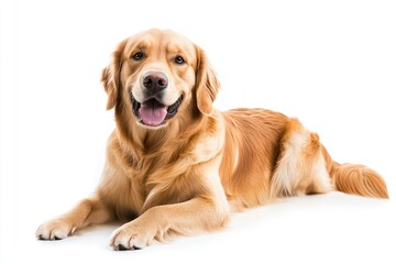 Obraz premium Happy sitting and panting Golden retriever dog looking at camera, Isolated on white , ai