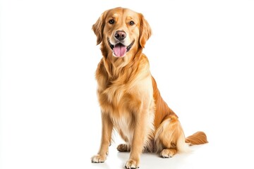 Happy sitting and panting Golden retriever dog looking at camera, Isolated on white , ai
