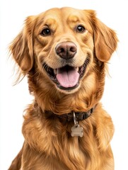 Fototapeta premium Head shot of a Happy panting Golden retriever dog looking at camera, wearing a collar and identification tag, remastered, ai