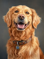 Fototapeta premium Head shot of a Happy panting Golden retriever dog looking at camera, wearing a collar and identification tag, remastered, ai