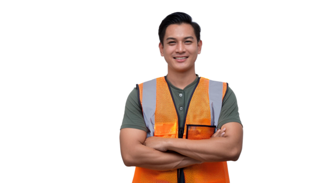 crossed arms smiling man wearing a reflective safety vests and posing on transparency background PNG