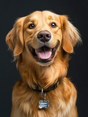 Obraz premium Head shot of a Happy panting Golden retriever dog looking at camera, wearing a collar and identification tag, remastered, ai