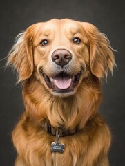 Obraz premium Head shot of a Happy panting Golden retriever dog looking at camera, wearing a collar and identification tag, remastered, ai