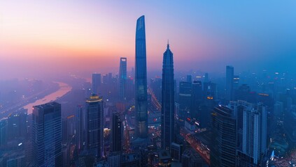 Obraz premium Aerial View of Shanghai Skyline at Sunrise
