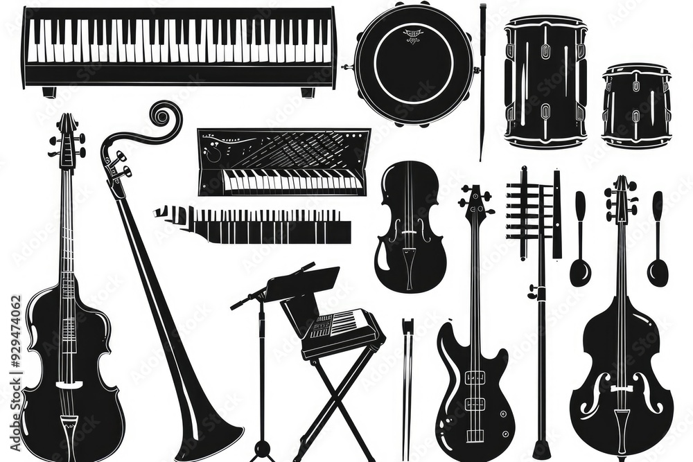 Aufkleber Collection of various musical instruments on a table or shelf