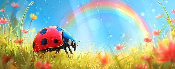A ladybug walking through a field with a rainbow in the background