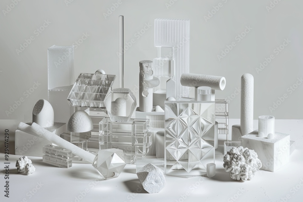 Poster an artistic arrangement of clear and white geometric objects on a light background creates a minimal