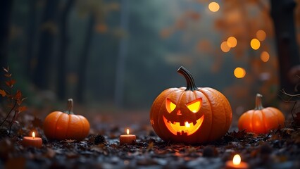 Fototapeta premium A glowing jack-o'-lantern in a dark forest, surrounded by candles and autumn leaves