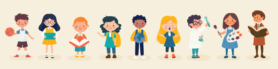 Flat Cartoon School Kids Engaged in Various Subjects - Science, Literature, Geography. Vector Illustration for Education, Learning. Colorful Minimalist School Design Template