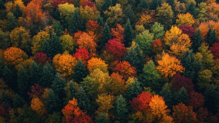 A vibrant aerial view of a forest showcasing autumn foliage in various colors.