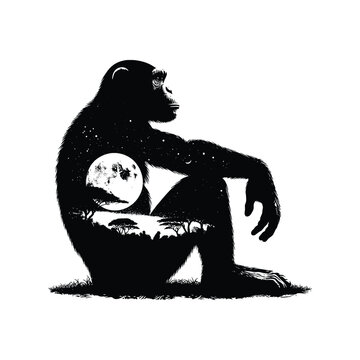 recommend clip art: silhouette of Chimpanzee, filled with nature night view in rough drawing,