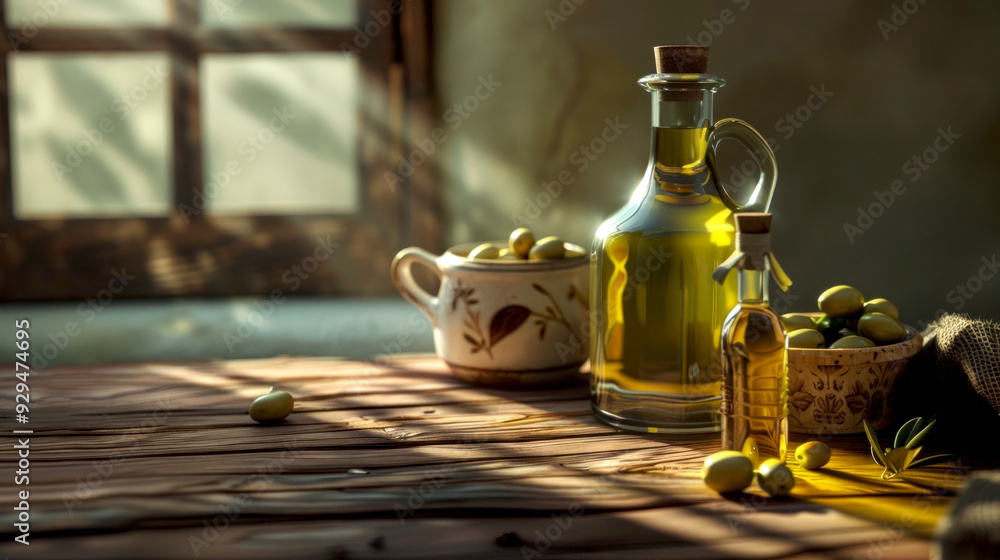 Wall mural A beautiful arrangement of olive oil bottles and a bowl of olives. This charming still life captures a rustic kitchen style. Perfect for culinary themes or healthy lifestyle. AI