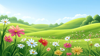 Obraz premium Vibrant wildflowers bloom in a picturesque rolling green meadow.