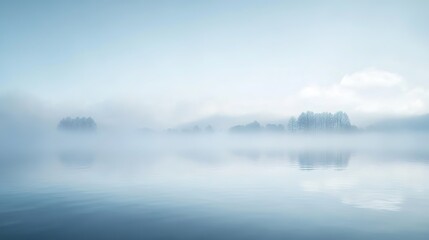 Fototapeta premium A tranquil scene of a vast, fog-covered lake with barely visible treetops emerging through the cloudiness