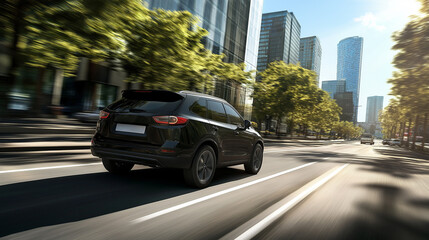 Fototapeta premium Black SUV driving down a city street with blurred background.