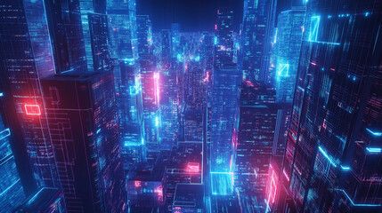 A cyberpunk cityscape, with neon blue and pink lights illuminating the towering buildings, creating a futuristic and digital aesthetic.