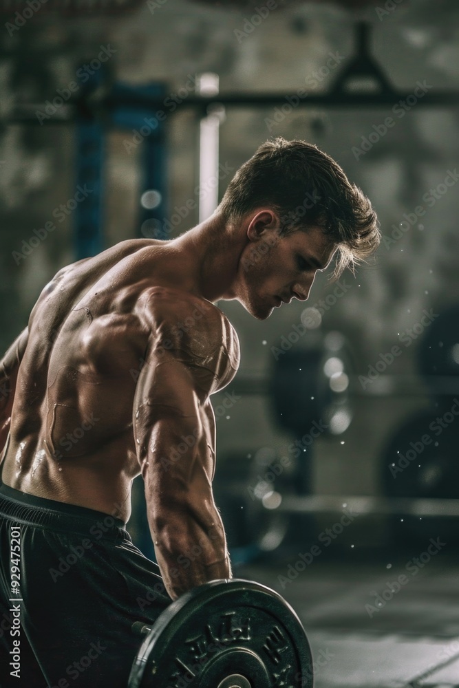Poster a person exercising with weights in a fitness studio