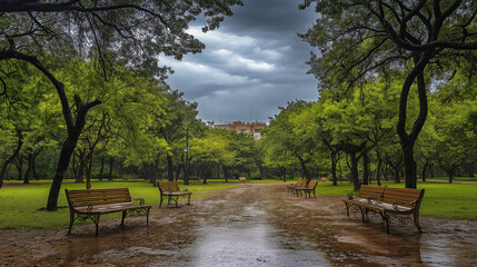 Obraz premium Empty benches line a wet pathway through a lush, green park with overcast skies.