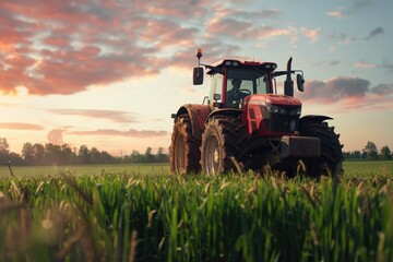 Fototapeta premium Agricultural equipment on farmland with golden hour backdrop