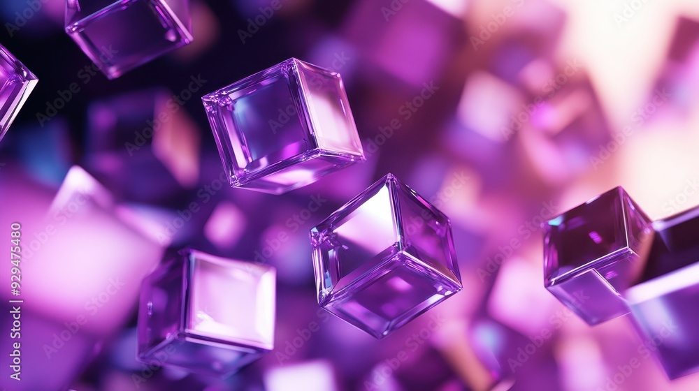 Poster a vibrant arrangement of floating purple cubes creating a dynamic visual effect.