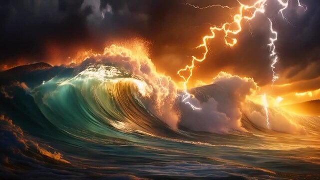 animation ocean with strom