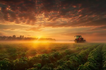 Fototapeta premium A tractor working in a green field during sunset