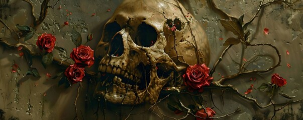 A Human Skull and Roses Encircled by Twisted Branches