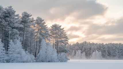 Snow-covered forest silhouette against a misty sunrise.