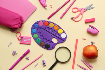 Composition with different stationery and paints on color background