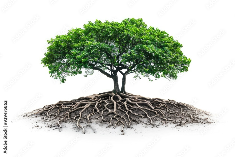 Poster image of a tree sitting on a pile of dirt, perfect for uses such as landscape design or environmenta