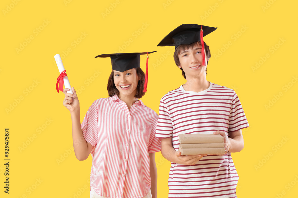 Sticker Graduating students with diploma and books on yellow background