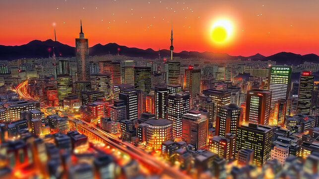 Cityscape at sunset with towering skyscrapers and a glowing sun.