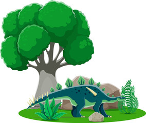 Dinosaur, cartoon prehistoric character and Jurassic dino Lexovisaurus, vector lizard. Dinosaur of Jurassic era injungle forest park for kids paleontology animal, predator lizard of stegosaur species