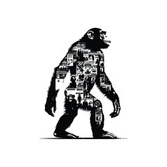 Fototapeta premium silhouette of Chimpanzee, filled with vintage punk's poster collage wall in rough drawing,