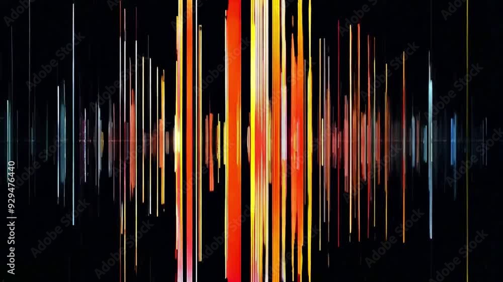 Poster Vibrant lines of varying colors represent sound waves, creating an abstract visual on a dark background.