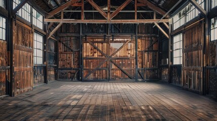 A rustic barn with wooden floors and walls, suitable for rural or country-themed settings