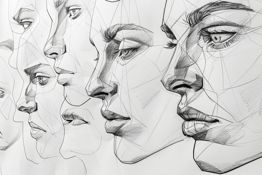 Six artistic sketches showcase various human profiles highlighting distinct facial features and expressions. Generative AI