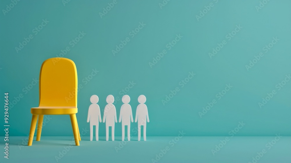 Aufkleber a bright yellow chair stands against a soft teal background. four simple paper figures align beside 
