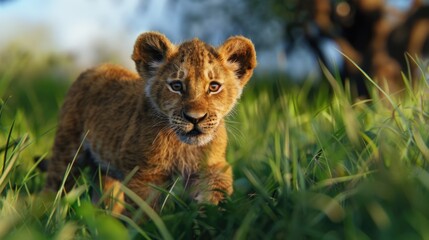 A young lion cub strolling through a dense and vibrant grassy area